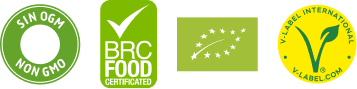 Certificaciones: Sin OGM, BRC Food, Ecológico UE, V-Label